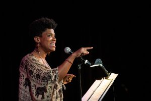 M'Balia at the public reading for her original work, "Turn", Kimmel Center 2018